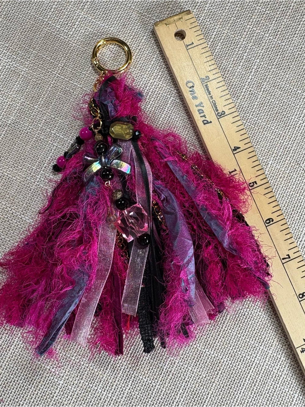 Hand Crafted Fuchsia Pink Tassel Keychain/Bag Charm with Gold Accents - Picture 8 of 12